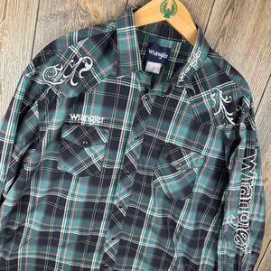 Wrangler Mens Plaid Western Snap Shirt Rodeo Green Black Embroidered Logo XXL